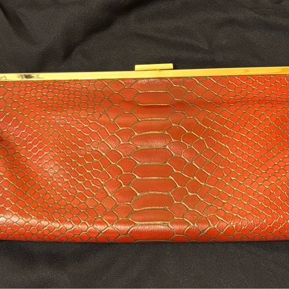 HOBO Crimson Red Animal Print Snakeskin Clutch with Golden Trim